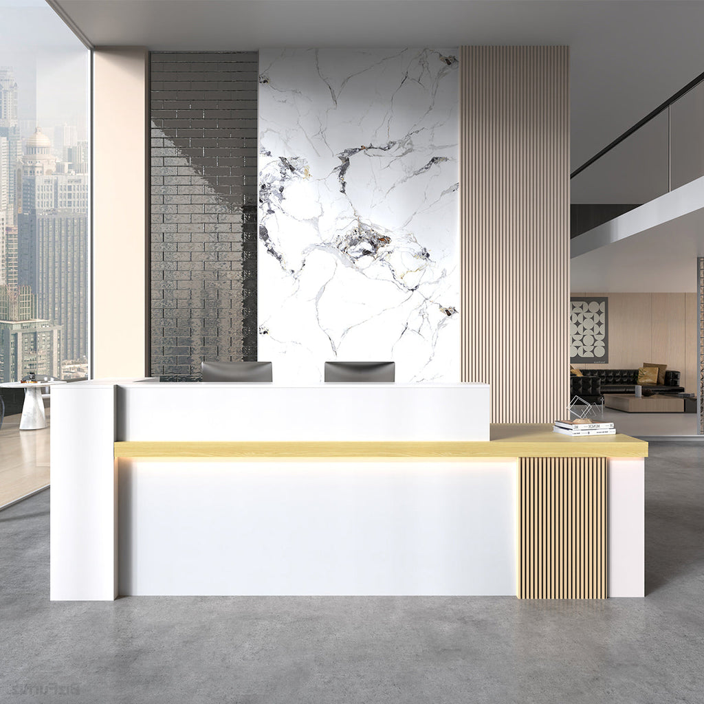 Modern reception desk with raised counter, shelving and fluted front panels