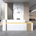 Modern reception desk with raised counter, shelving and fluted front panels