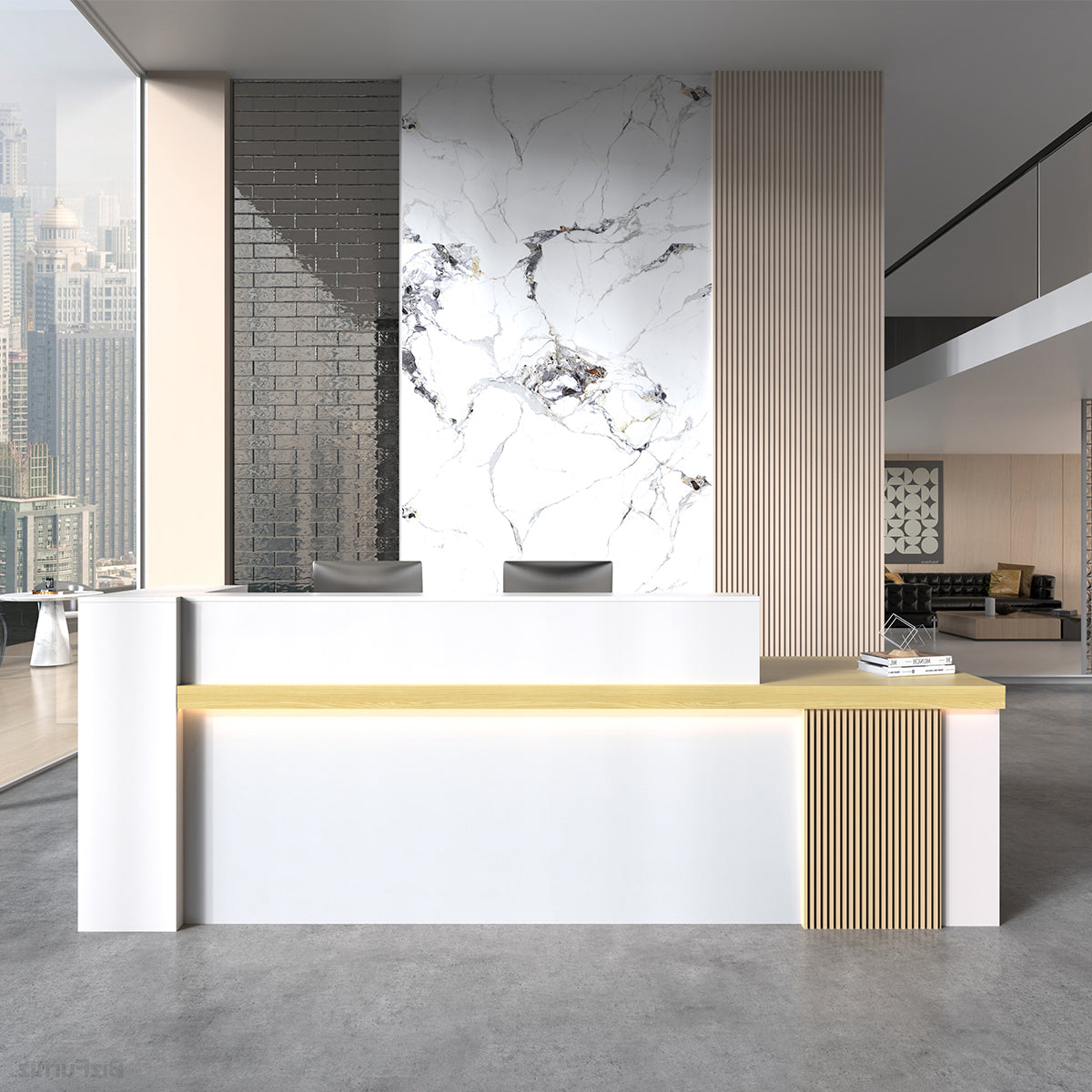 Modern reception desk with raised counter, shelving and fluted front panels