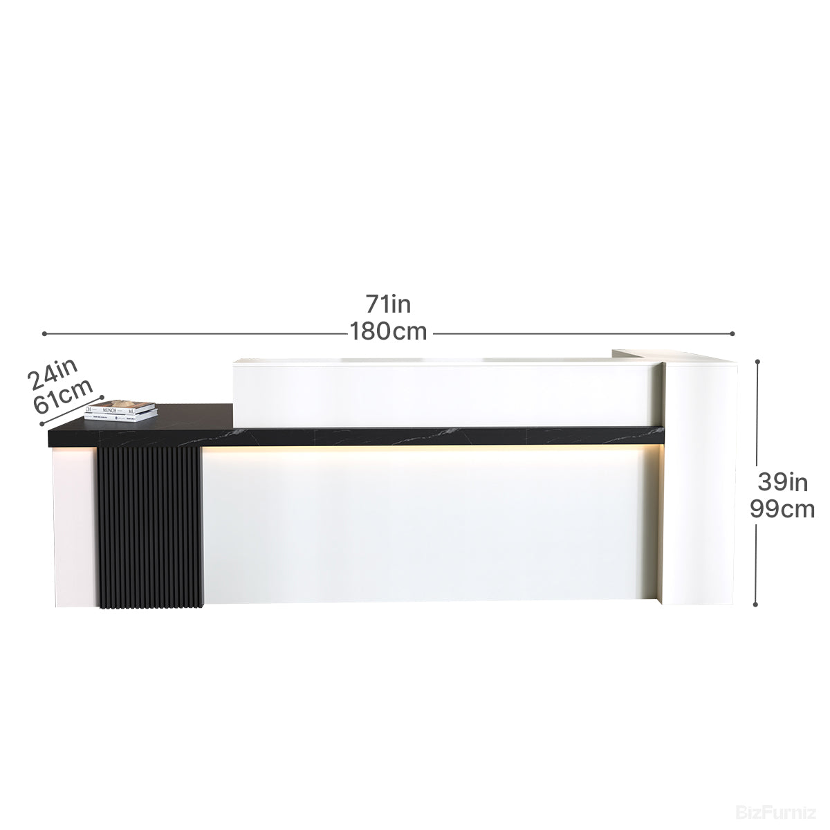 Modern reception desk with raised counter, shelving and fluted front panels
