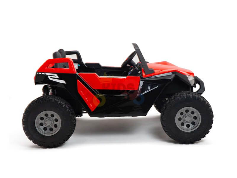 Red 24V 4x4 children's ride-on UTV with two seats and rubber wheels