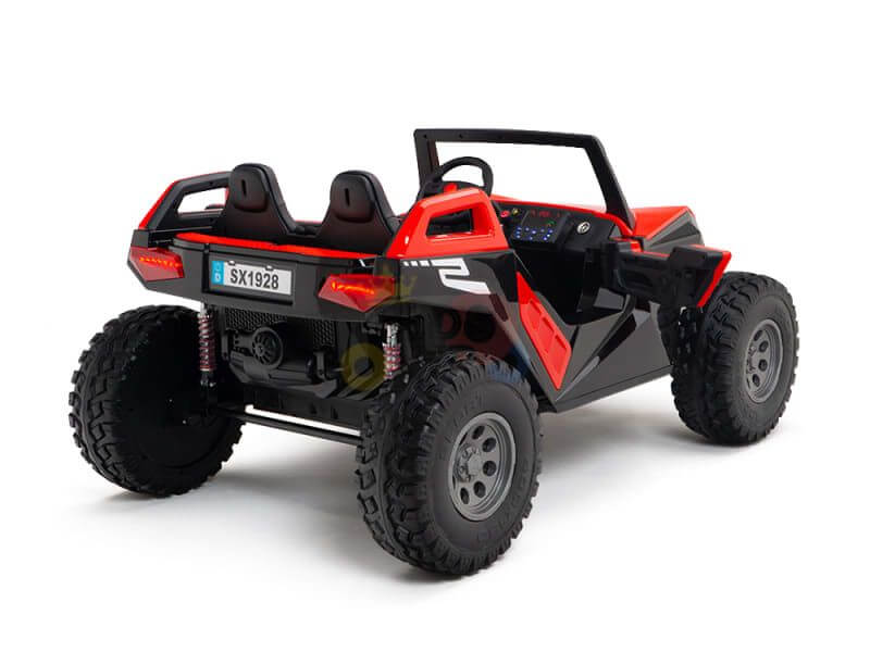 Red 24V 4x4 children's ride-on UTV with two seats and rubber wheels