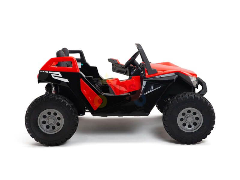 Red 24V 4x4 children's ride-on UTV with two seats and rubber wheels