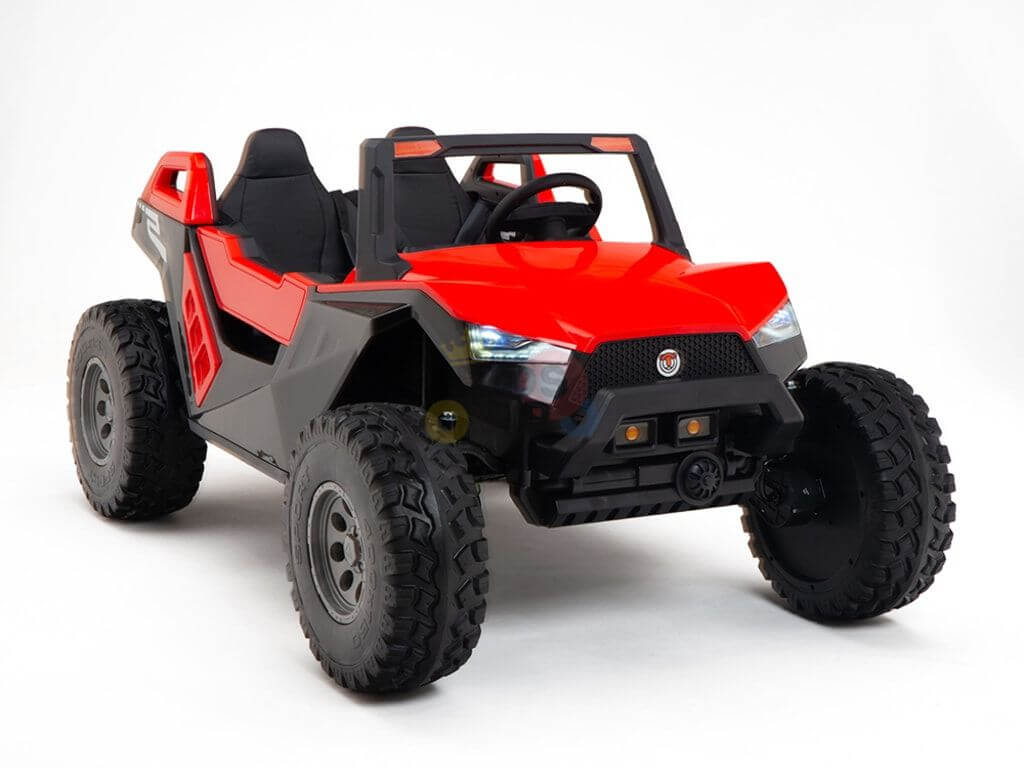 Red 24V 4x4 children's ride-on UTV with two seats and rubber wheels