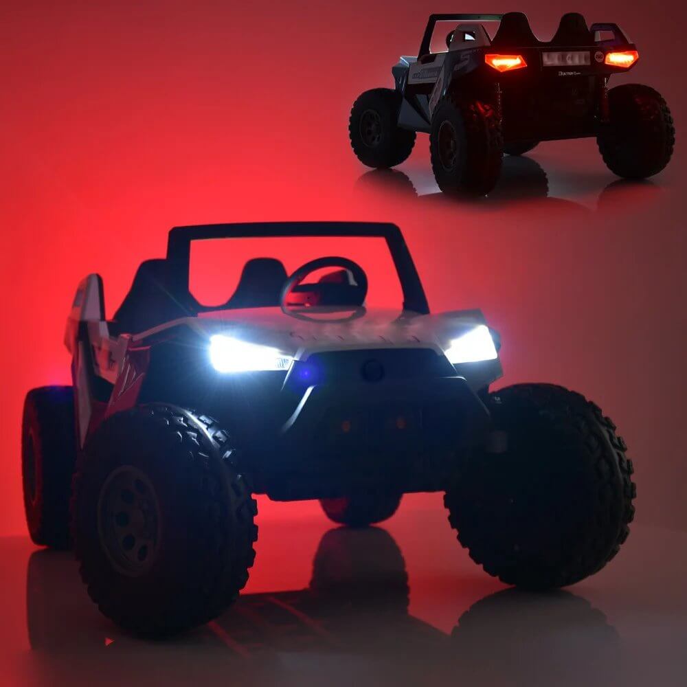 Red 24V 4x4 children's ride-on UTV with two seats and rubber wheels