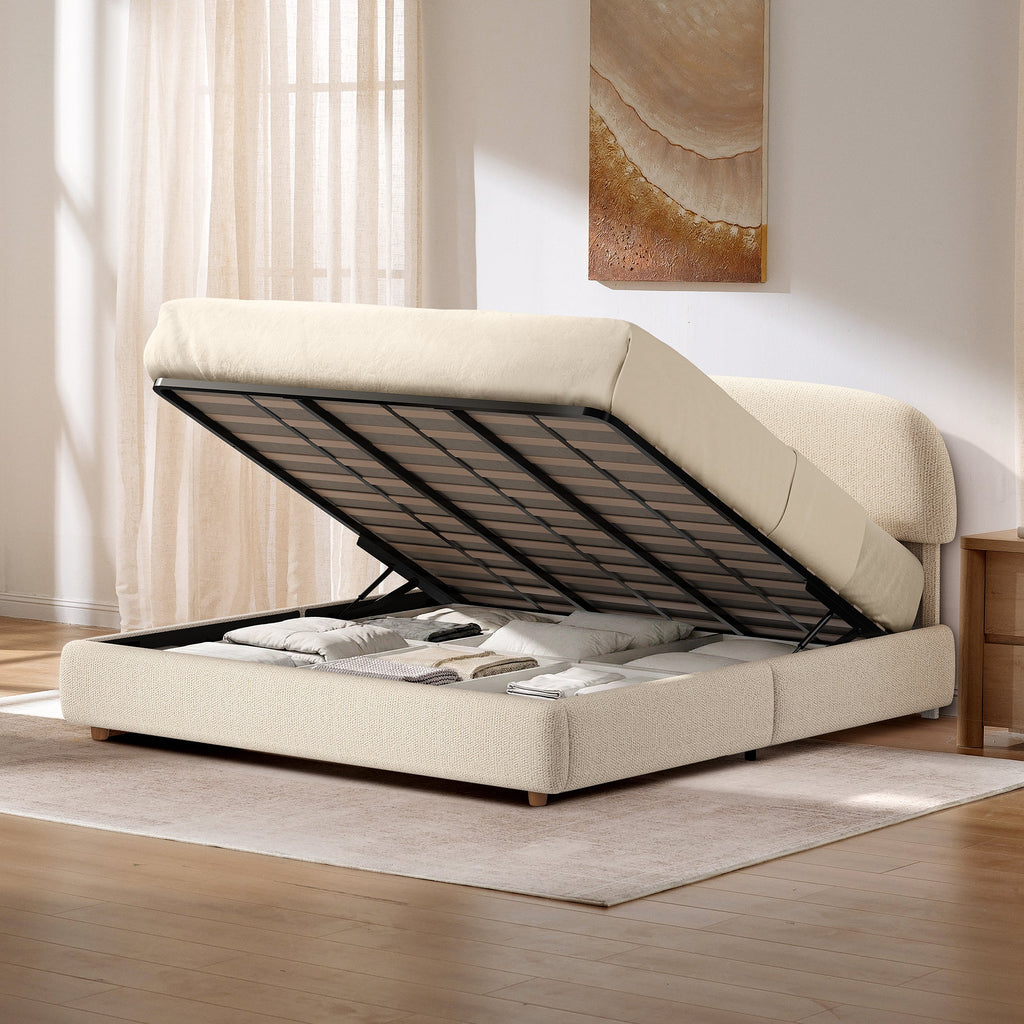 Beige upholstered king lift-up storage bed frame with rounded headboard