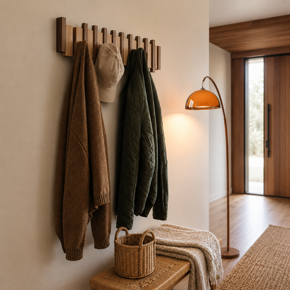 Wall mounted wooden coat rack with alternating slats and folding hooks
