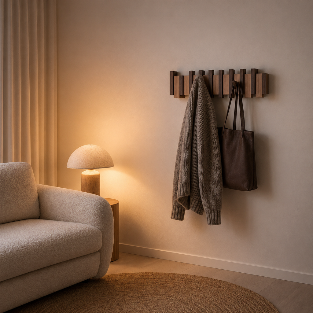 Wall mounted wooden coat rack with alternating slats and folding hooks