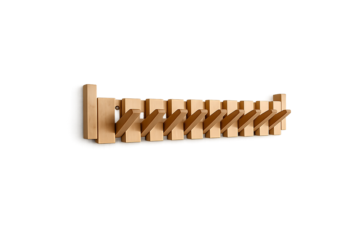 Wall mounted wooden coat rack with alternating slats and folding hooks
