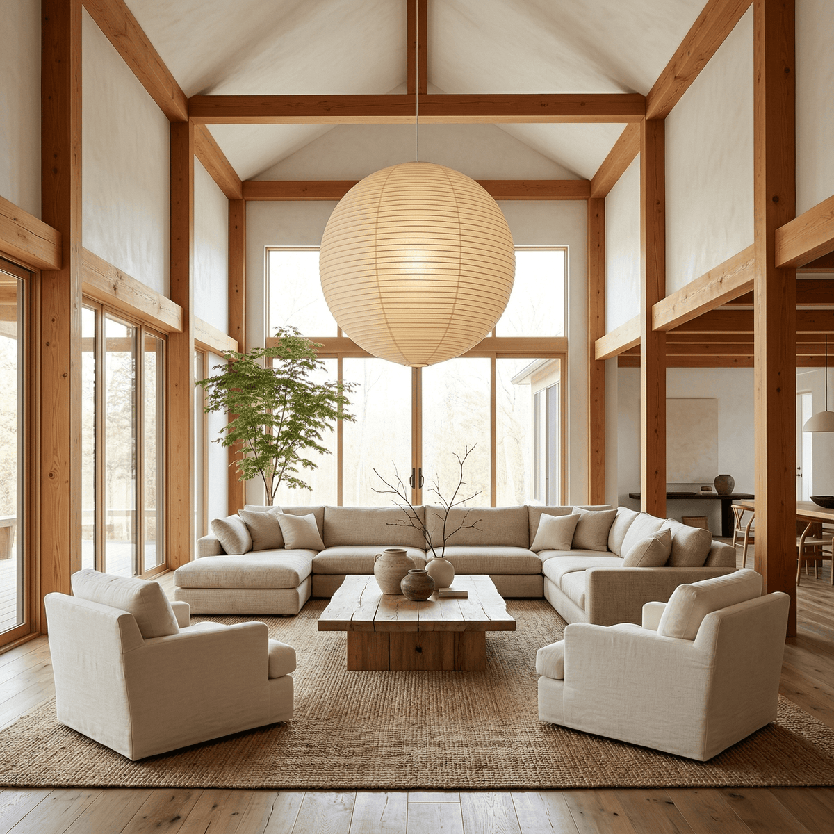 Spherical pendant light with a ribbed globe shade suspended from a ceiling