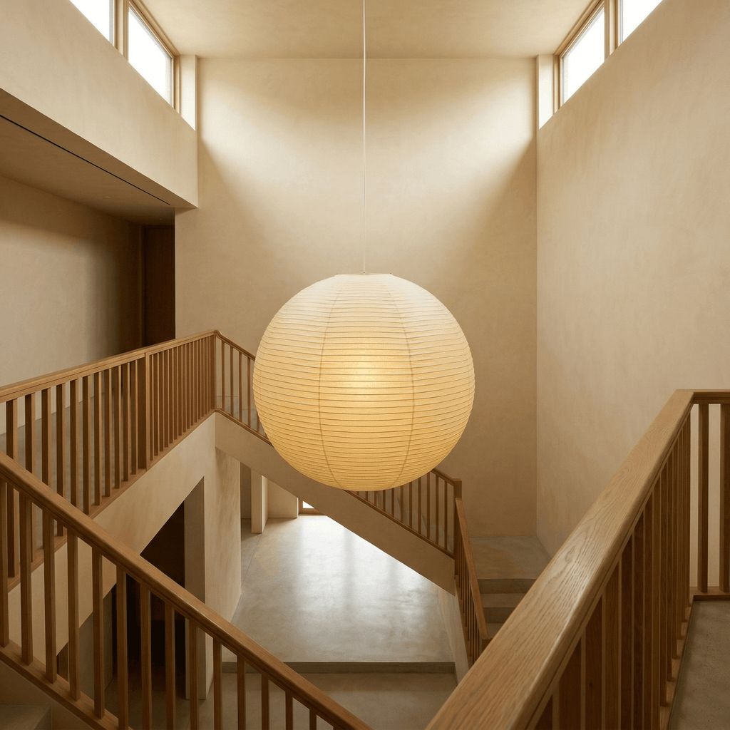 Spherical pendant light with a ribbed globe shade suspended from a ceiling