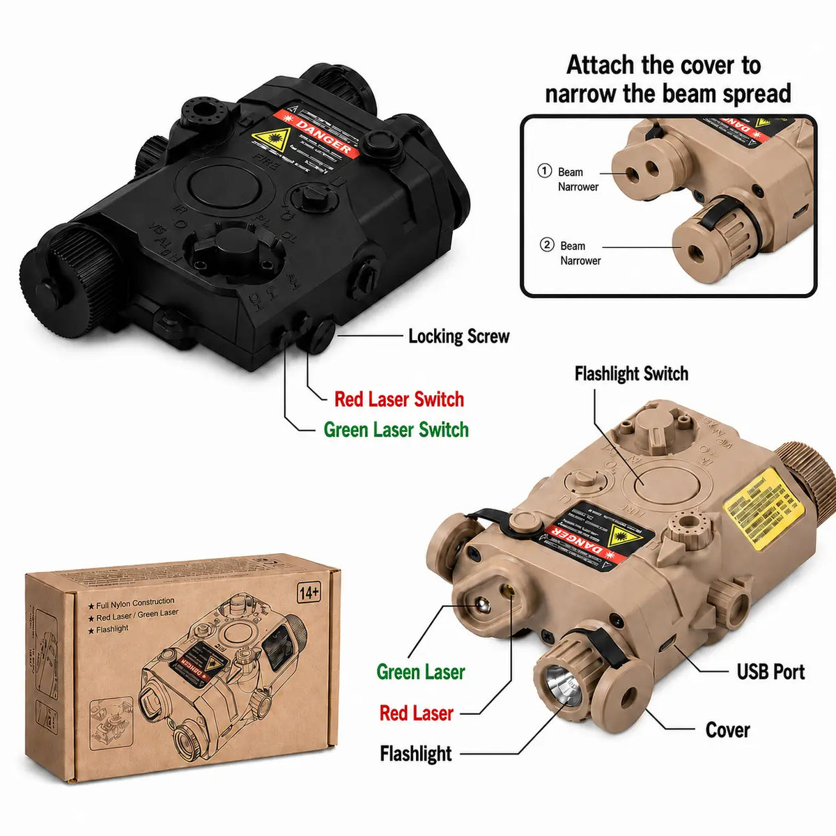 Multifunctional Tactical Beam Battery Case with Red Laser, Green Laser and Flashlight