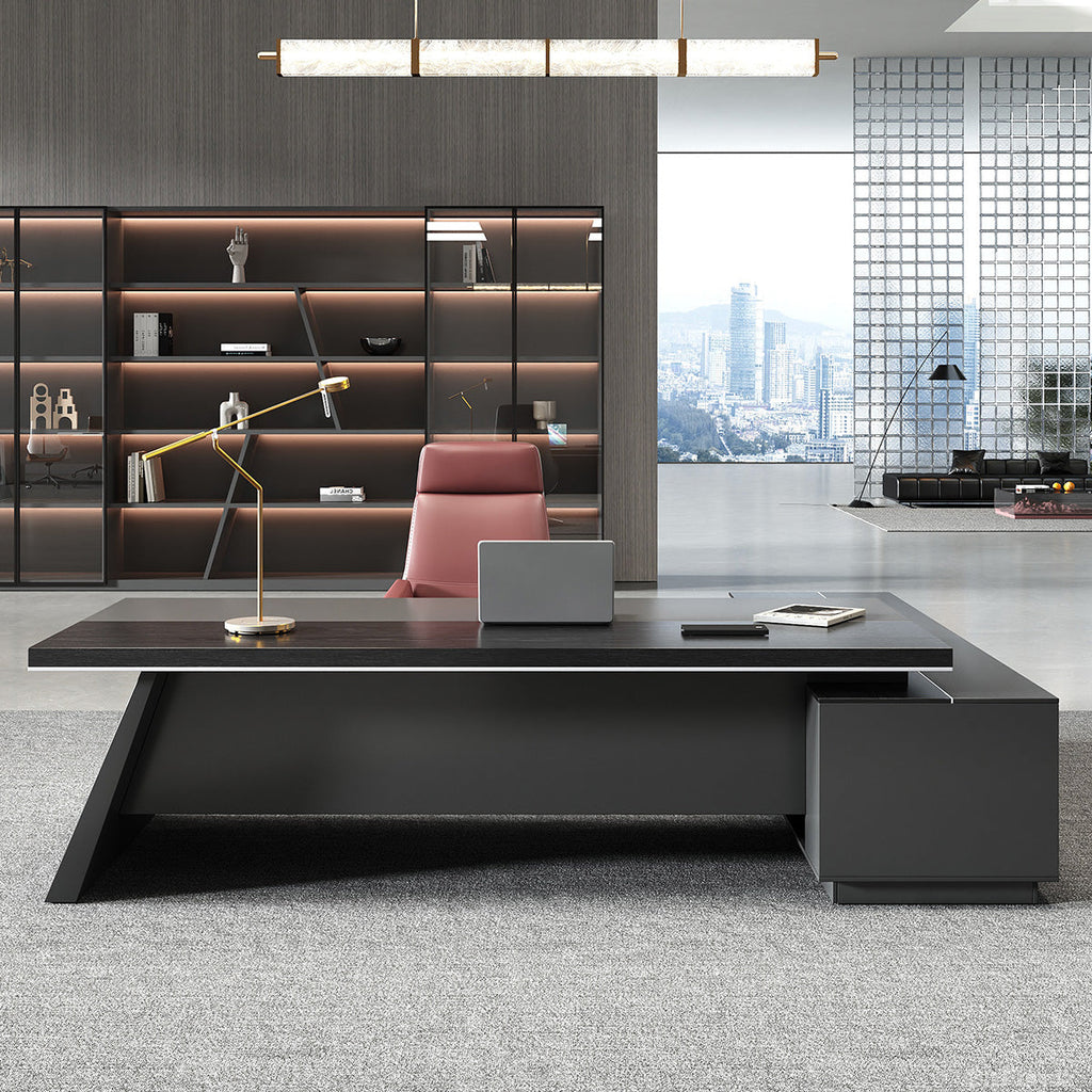 Dark L-shaped executive desk with wood-effect worktop and integrated side cabinet
