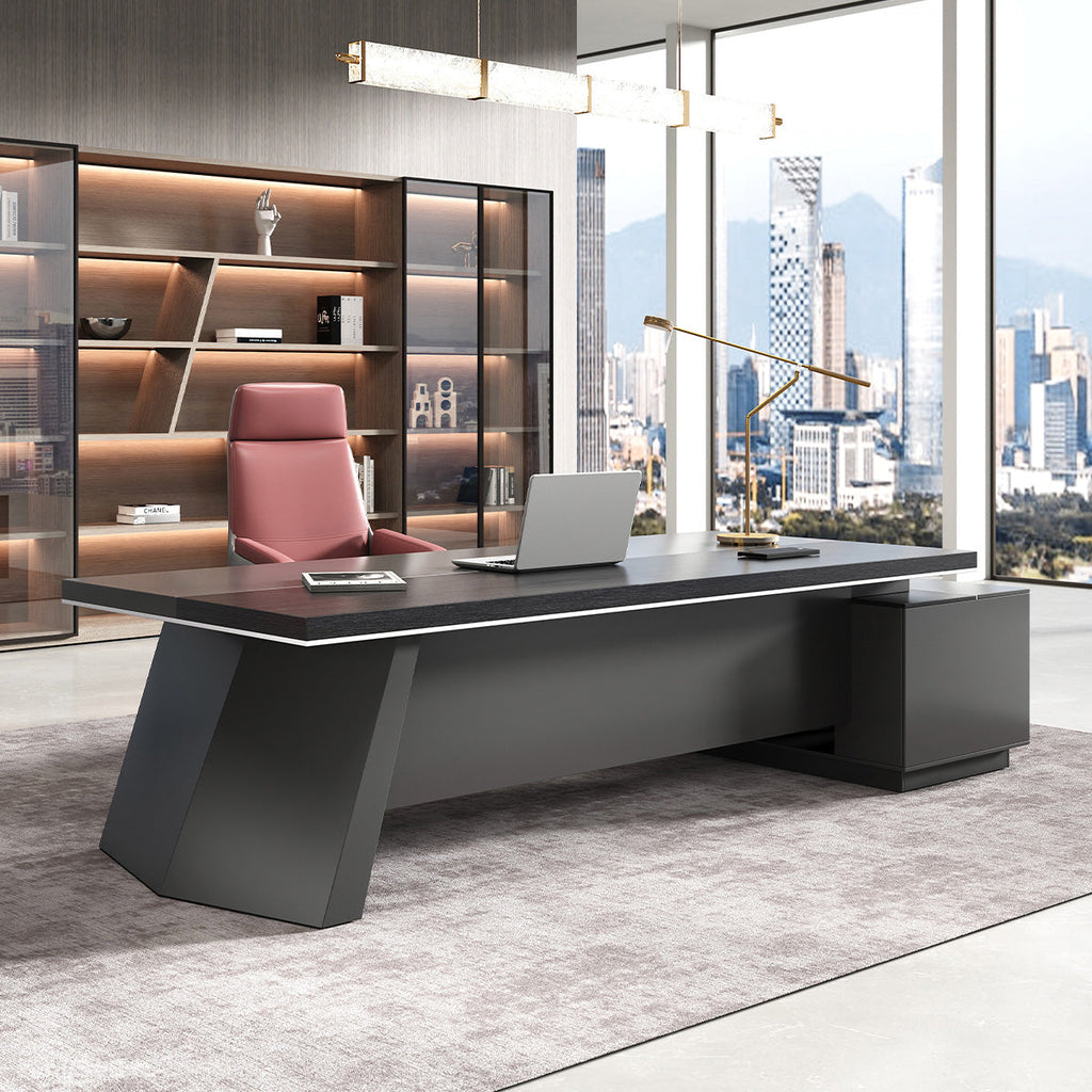Dark L-shaped executive desk with wood-effect worktop and integrated side cabinet