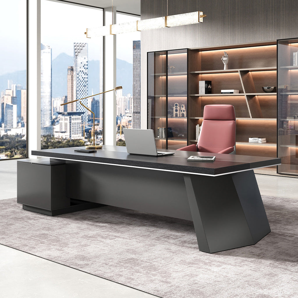 Dark L-shaped executive desk with wood-effect worktop and integrated side cabinet