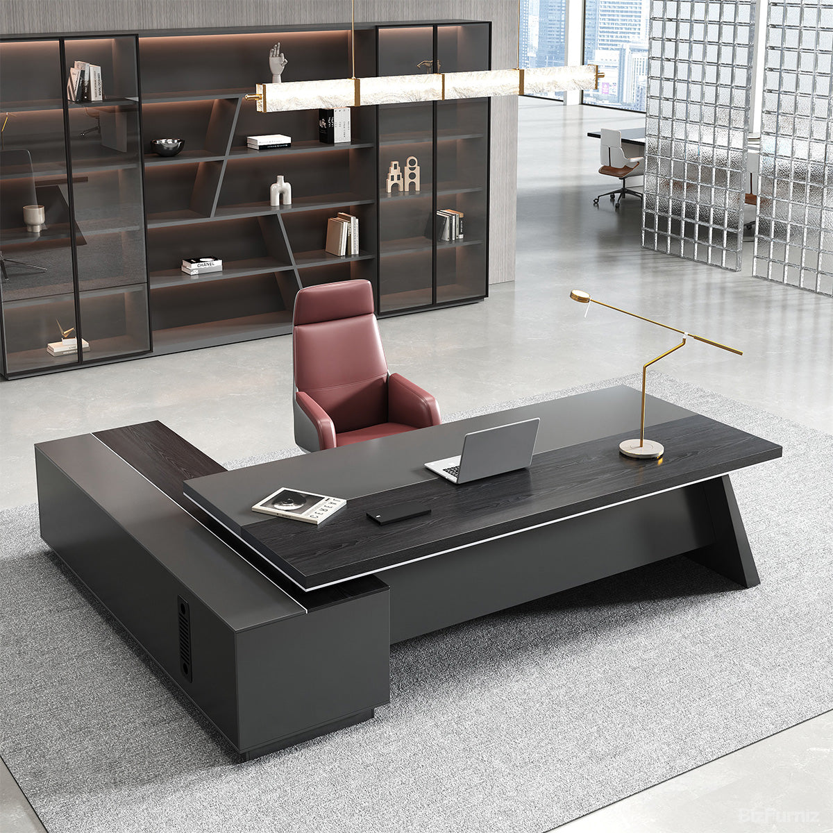 Dark L-shaped executive desk with wood-effect worktop and integrated side cabinet