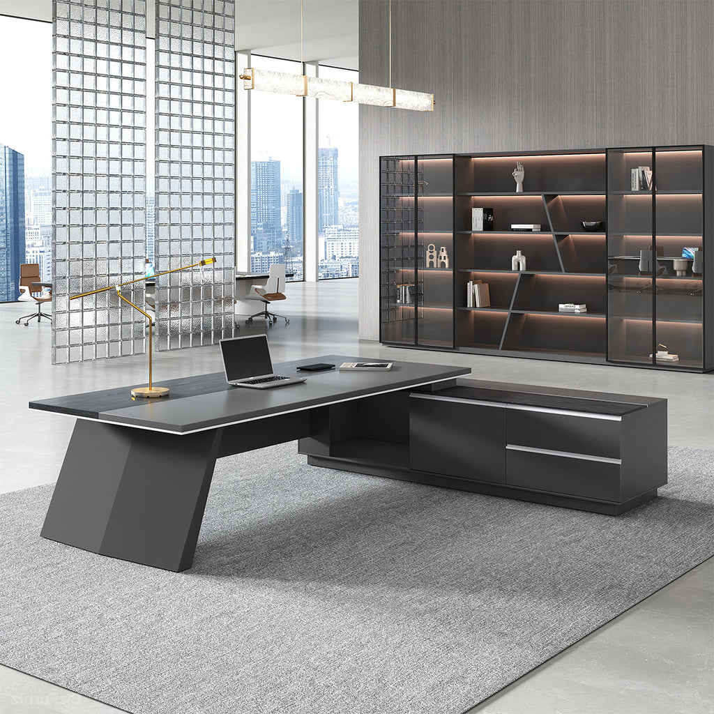 Dark L-shaped executive desk with wood-effect worktop and integrated side cabinet