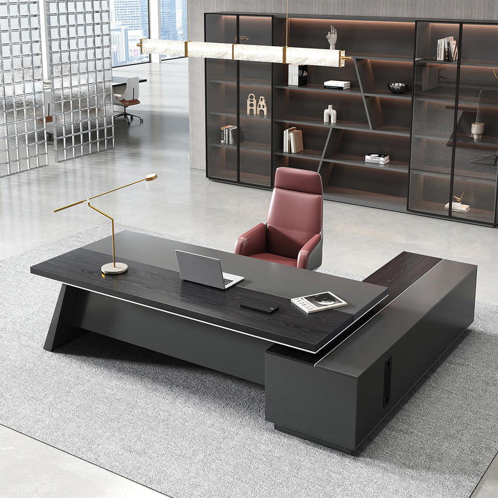 Dark L-shaped executive desk with wood-effect worktop and integrated side cabinet