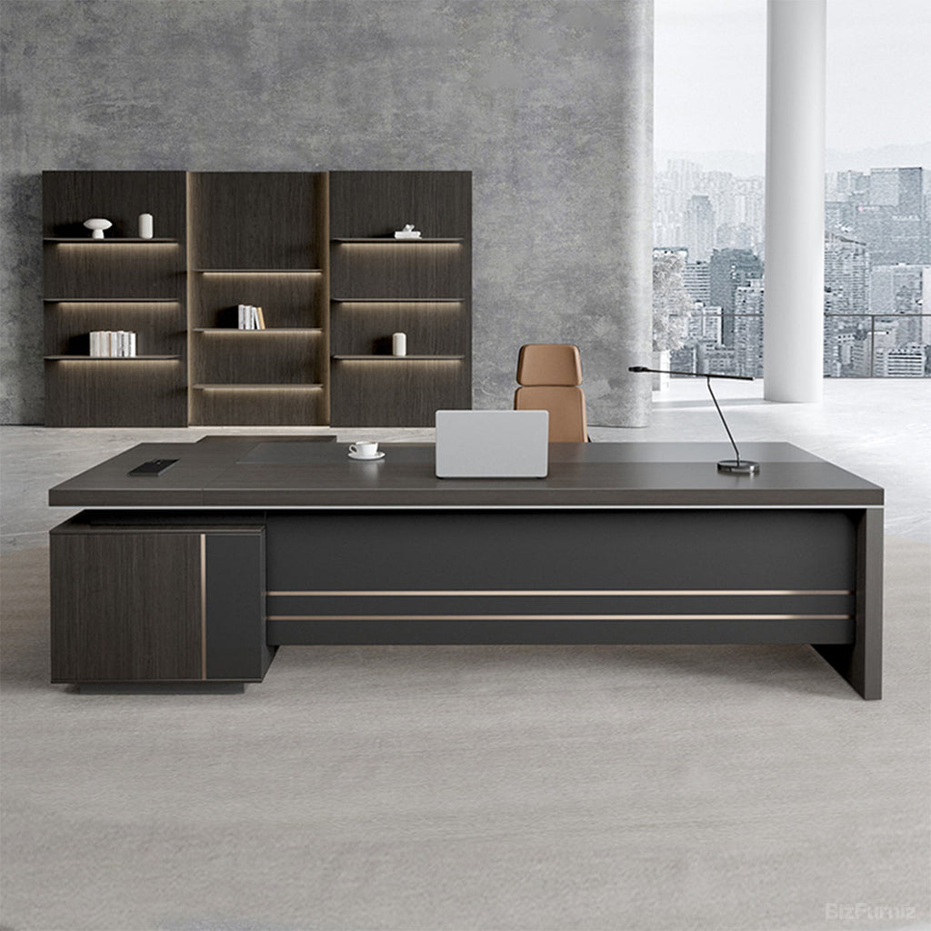 Reversible L-shaped executive desk with dark wood-effect finish, grey panels and integrated power ports