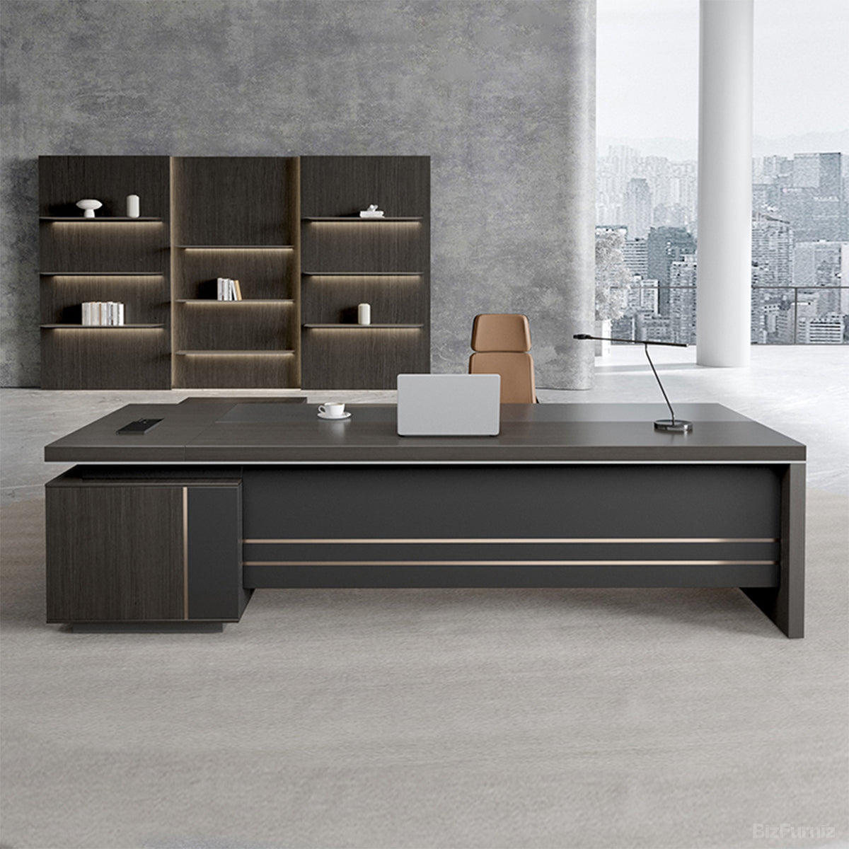 Reversible L-shaped executive desk with dark wood-effect finish, grey panels and integrated power ports
