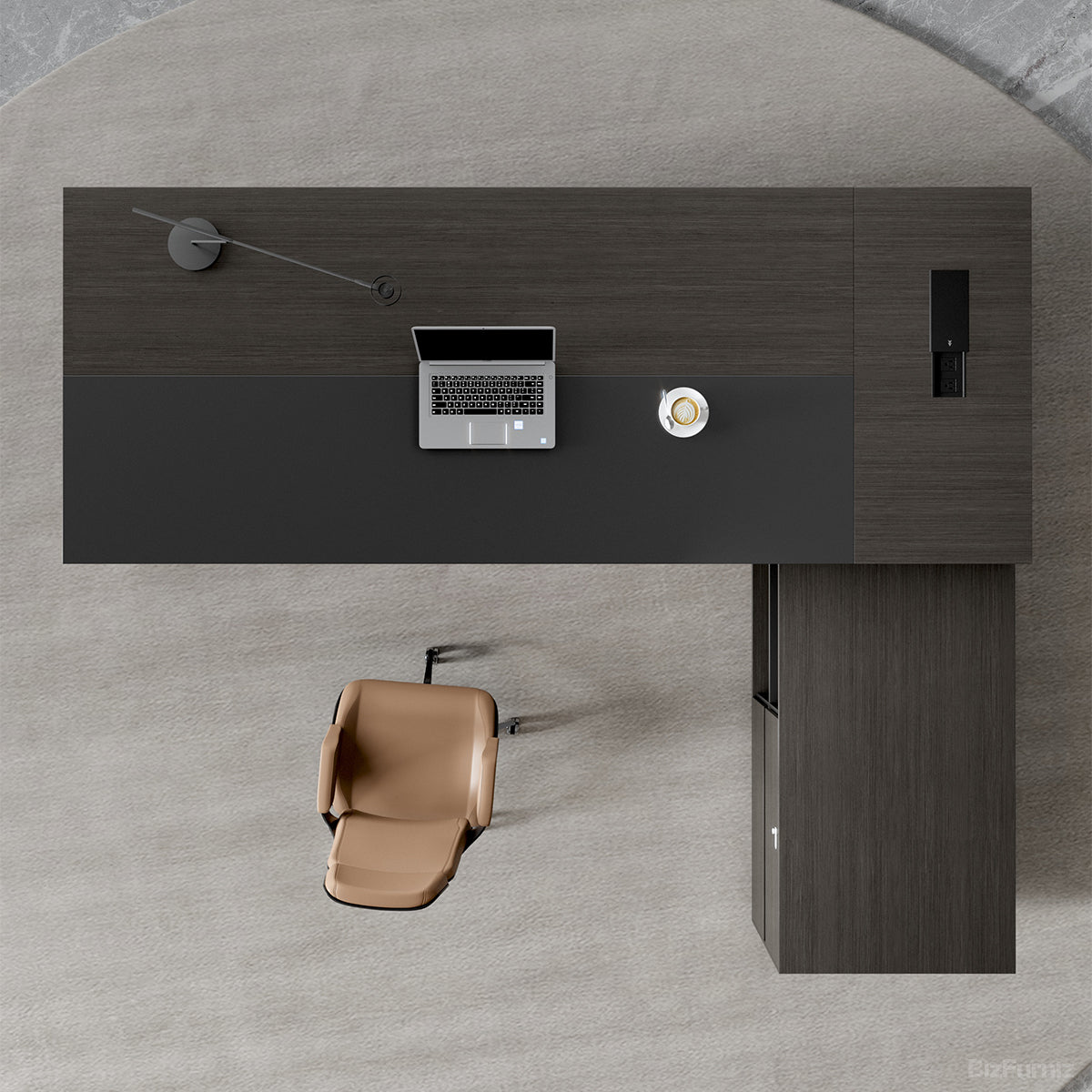 Reversible L-shaped executive desk with dark wood-effect finish, grey panels and integrated power ports