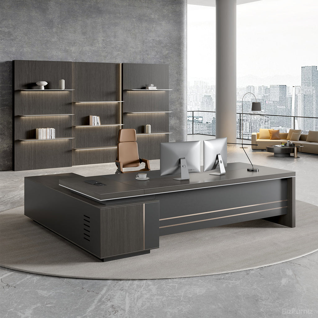 Reversible L-shaped executive desk with dark wood-effect finish, grey panels and integrated power ports