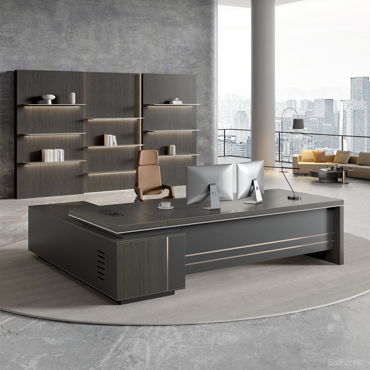 Reversible L-shaped executive desk with dark wood-effect finish, grey panels and integrated power ports