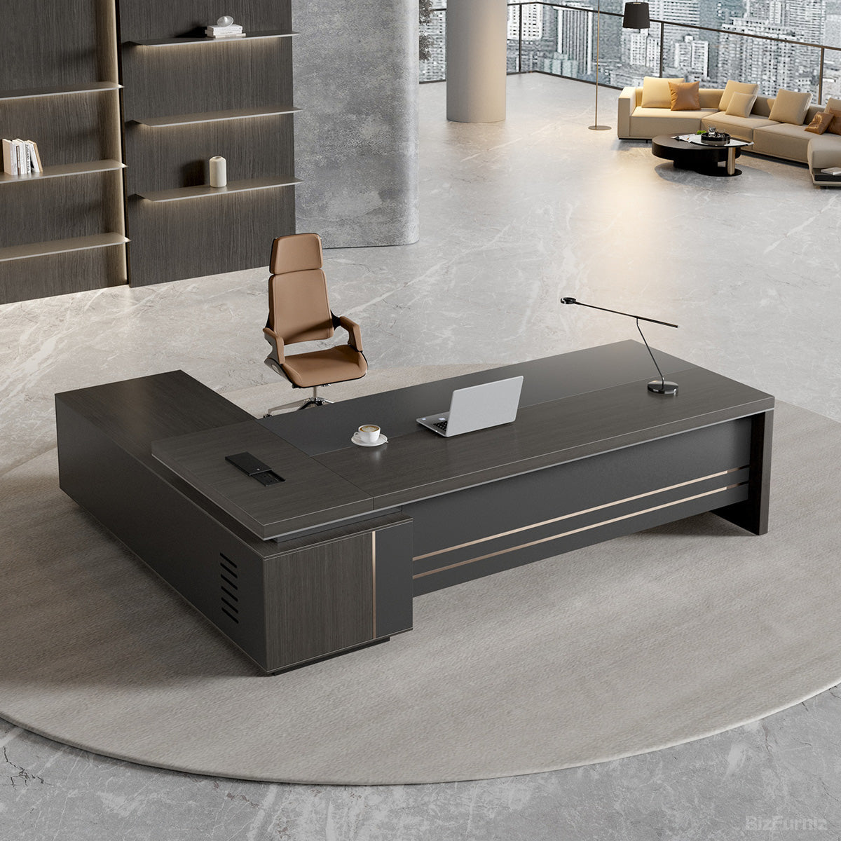 Reversible L-shaped executive desk with dark wood-effect finish, grey panels and integrated power ports