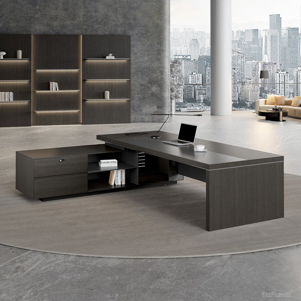 Reversible L-shaped executive desk with dark wood-effect finish, grey panels and integrated power ports