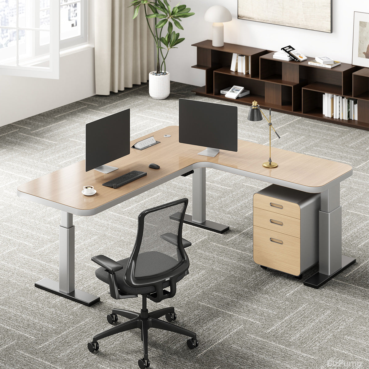 L-shaped natural wood-effect sit-stand office desk with power hub and mobile three-drawer cabinet