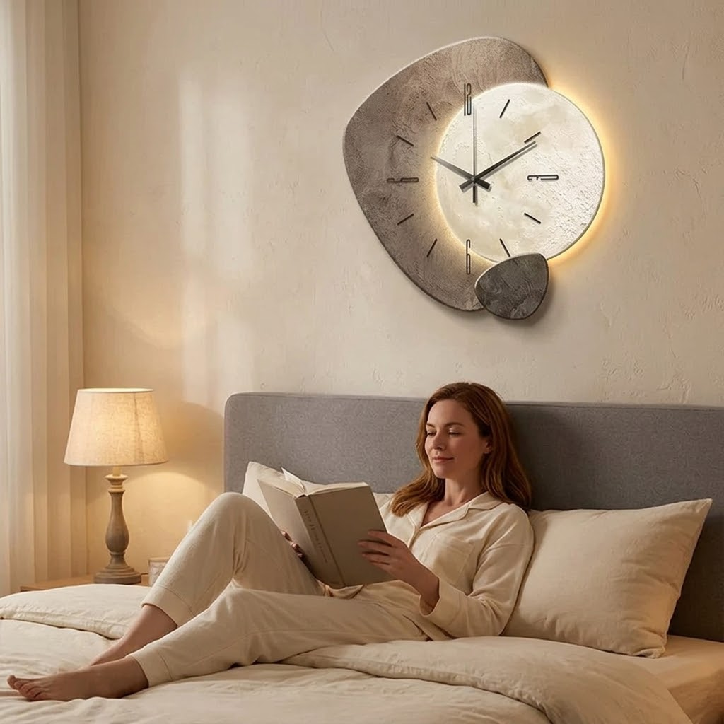 Layered grey decorative wall clock with warm backlight and stone-texture finish