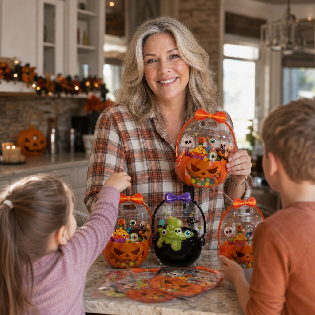 Transparent Halloween party favour bags with pumpkin and cauldron designs