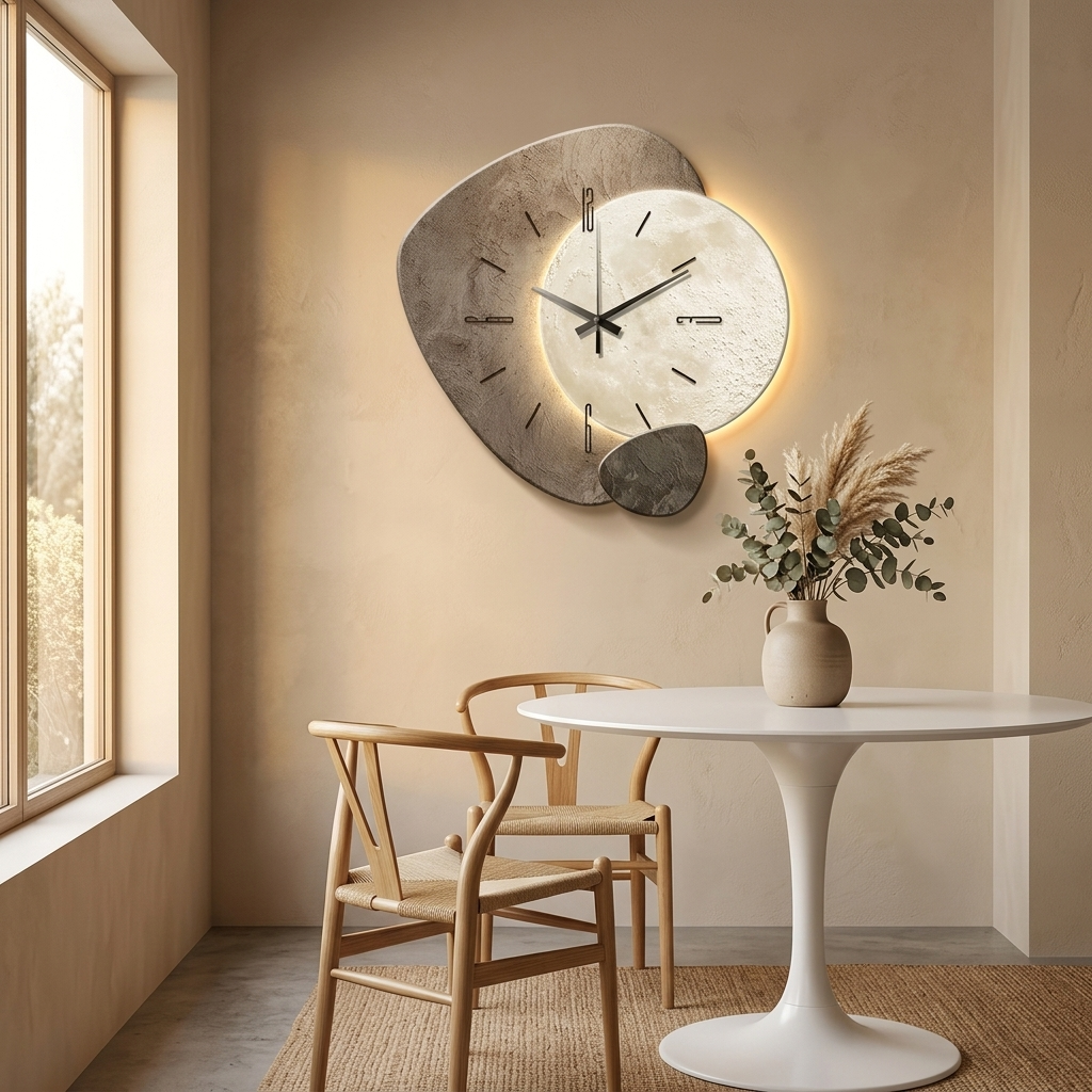 Layered grey decorative wall clock with warm backlight and stone-texture finish