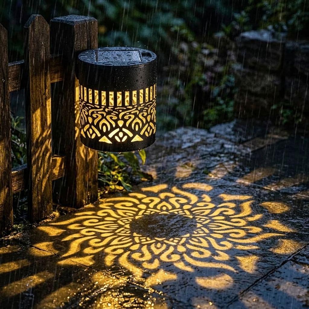 Black solar mandala projector light casting a geometric pattern outdoors