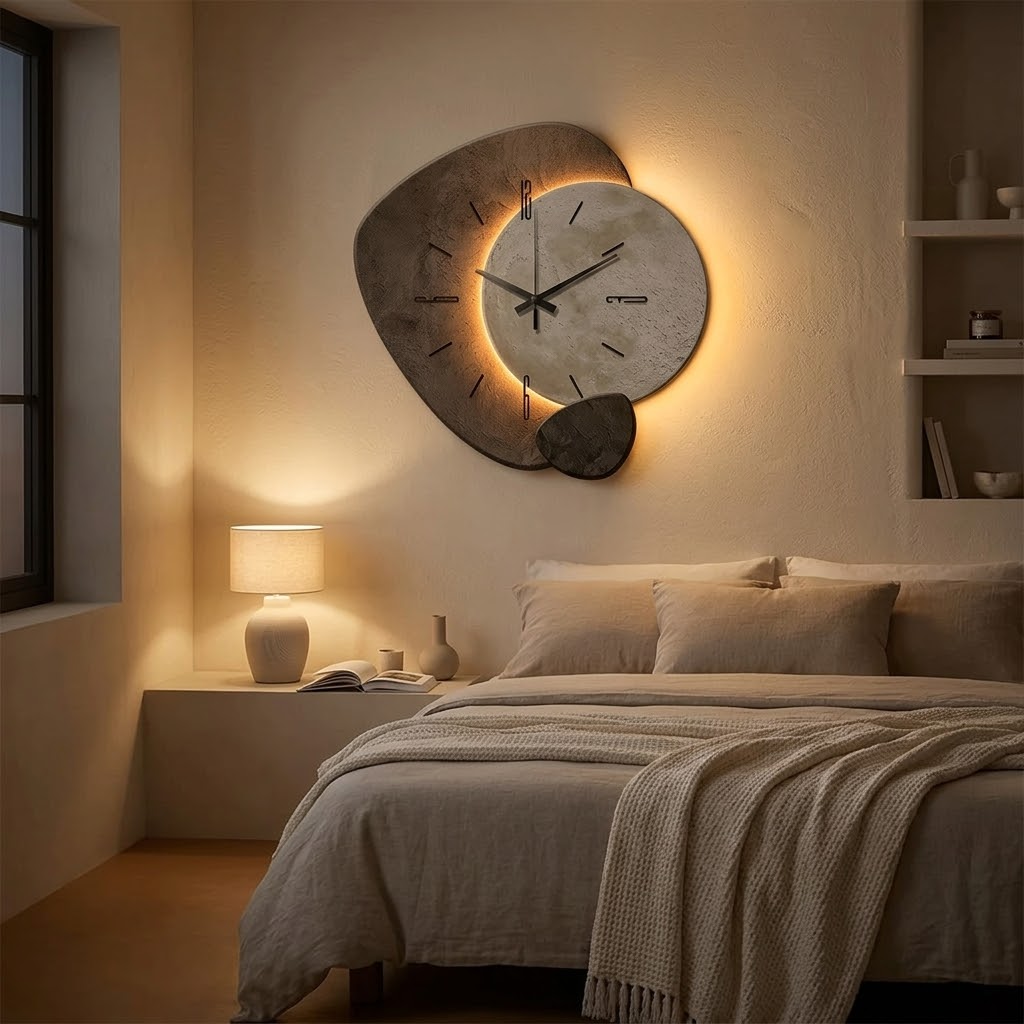 Layered grey decorative wall clock with warm backlight and stone-texture finish