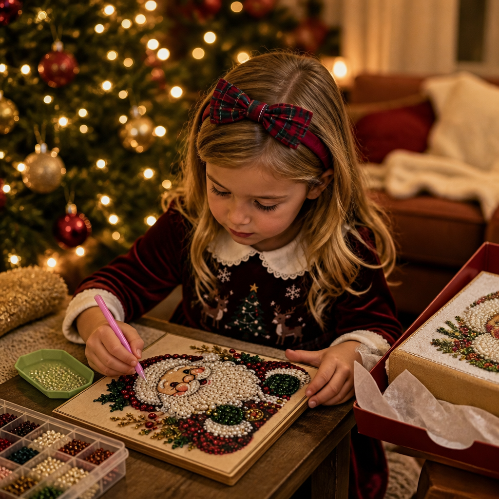 Beaded Christmas canvas wall art with Santa and reindeer designs