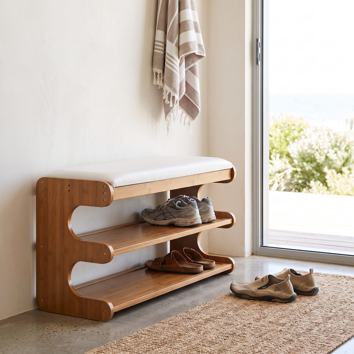 Bamboo shoe bench with white padded seat and two open storage shelves
