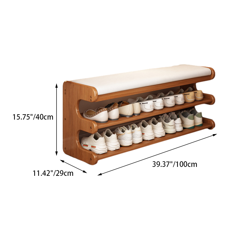 Bamboo shoe bench with white padded seat and two open storage shelves