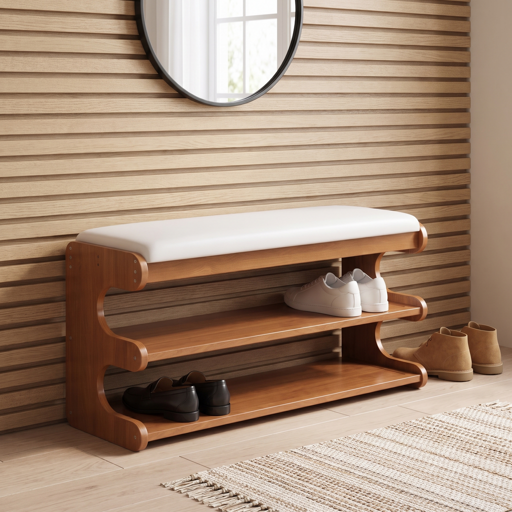 Bamboo shoe bench with white padded seat and two open storage shelves