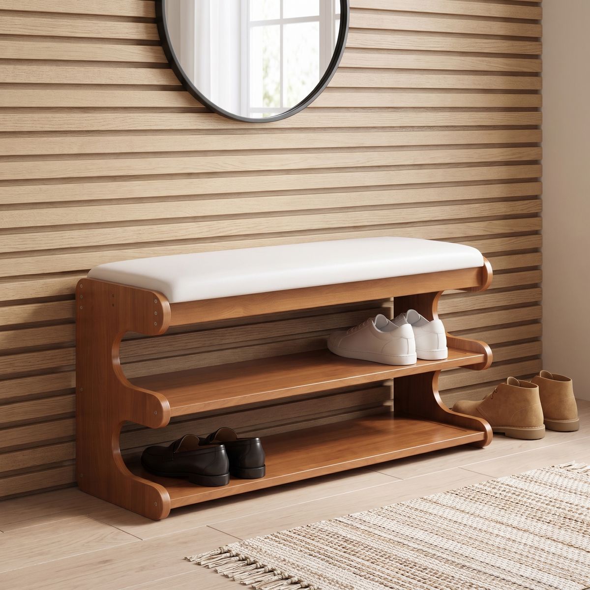 Bamboo shoe bench with white padded seat and two open storage shelves