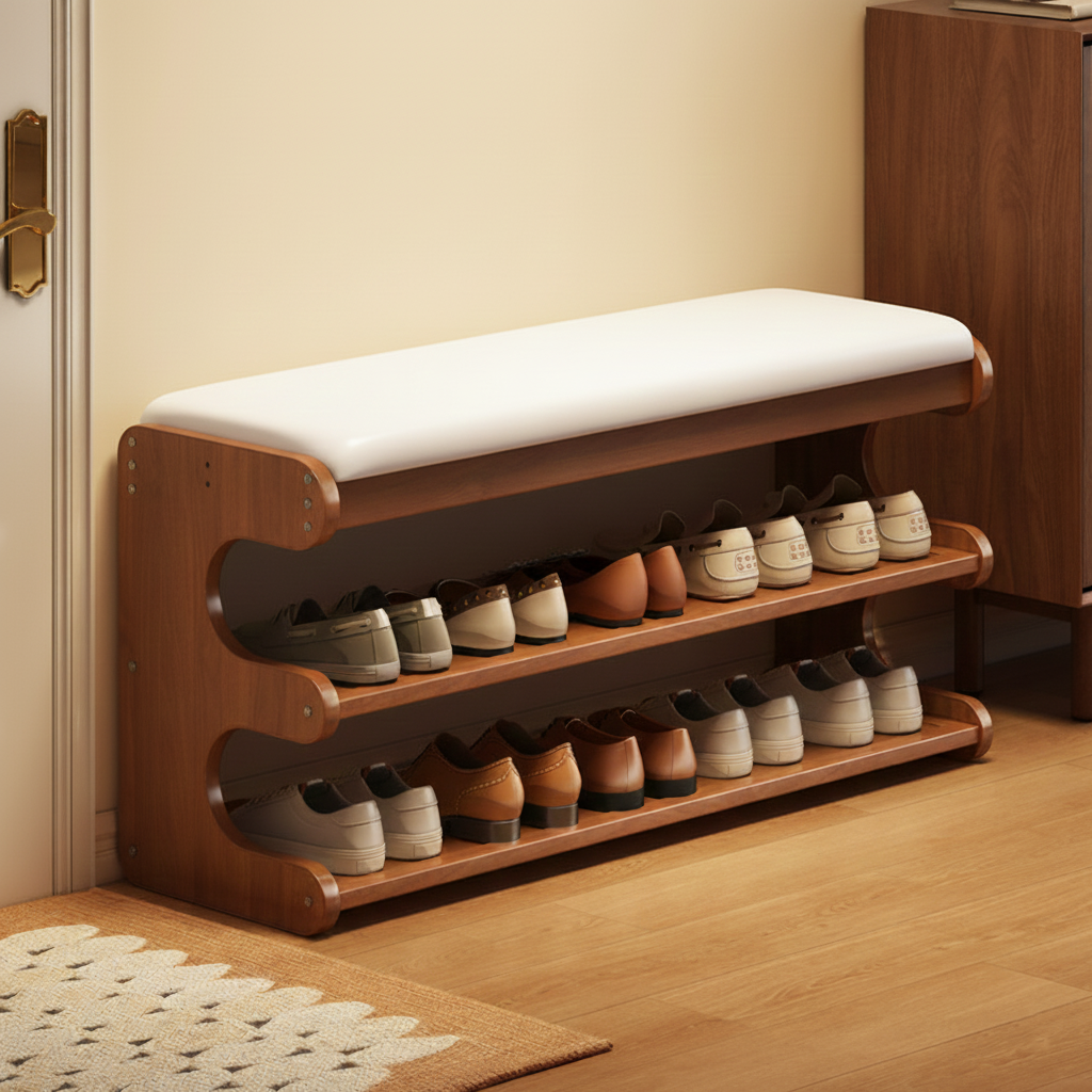 Bamboo shoe bench with white padded seat and two open storage shelves