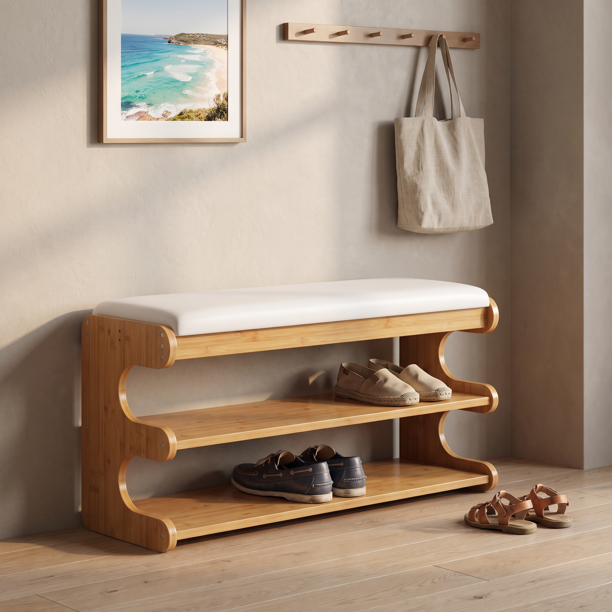 Bamboo shoe bench with white padded seat and two open storage shelves