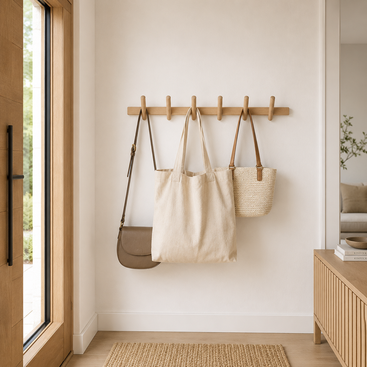 Light-brown wooden wall-mounted coat rack with multiple rounded pegs