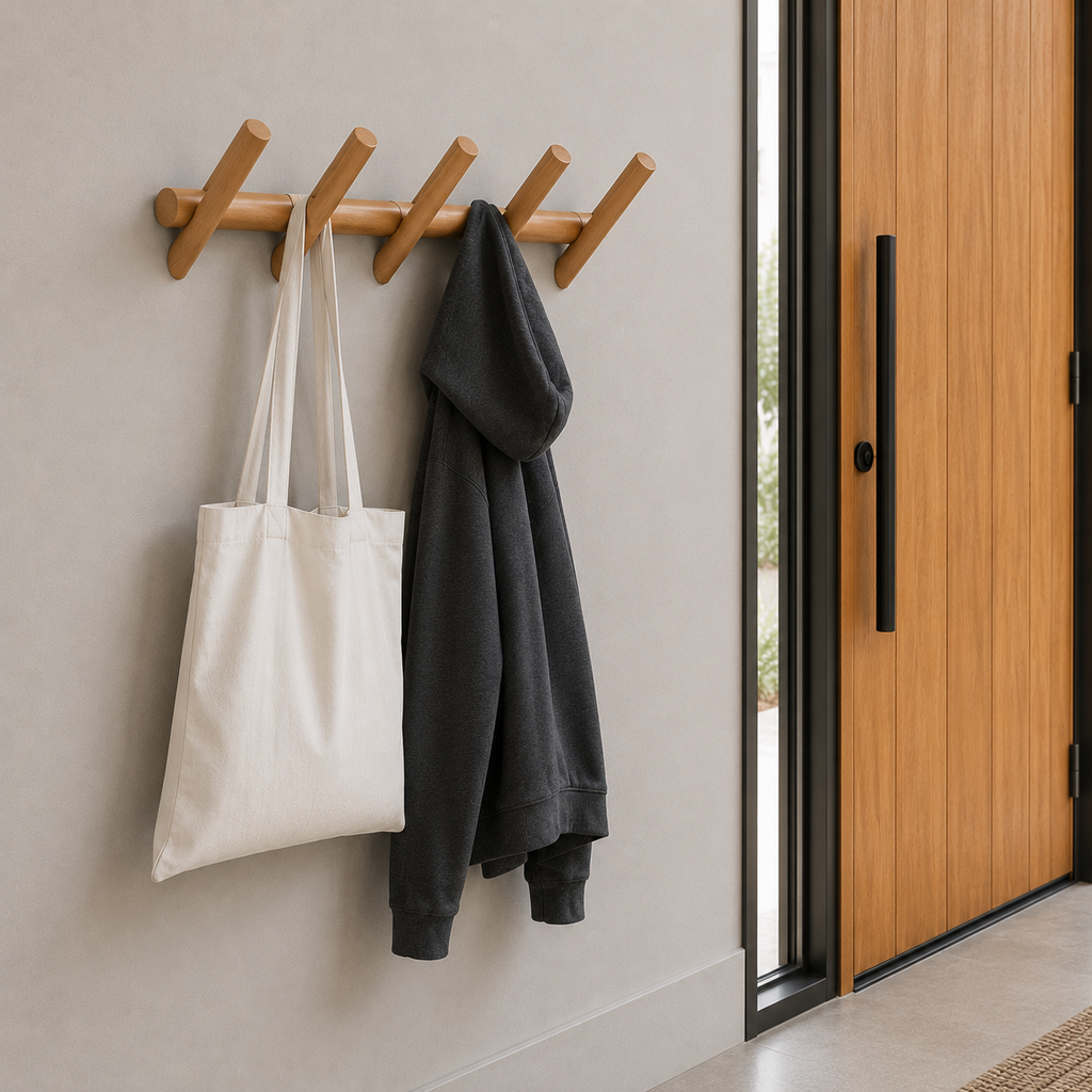 Light-brown wooden wall-mounted coat rack with multiple rounded pegs