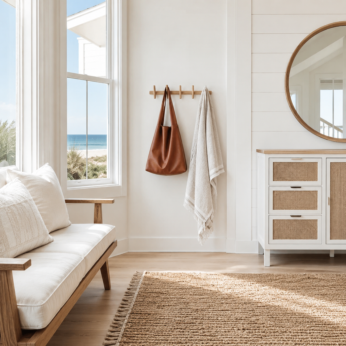 Light-brown wooden wall-mounted coat rack with multiple rounded pegs
