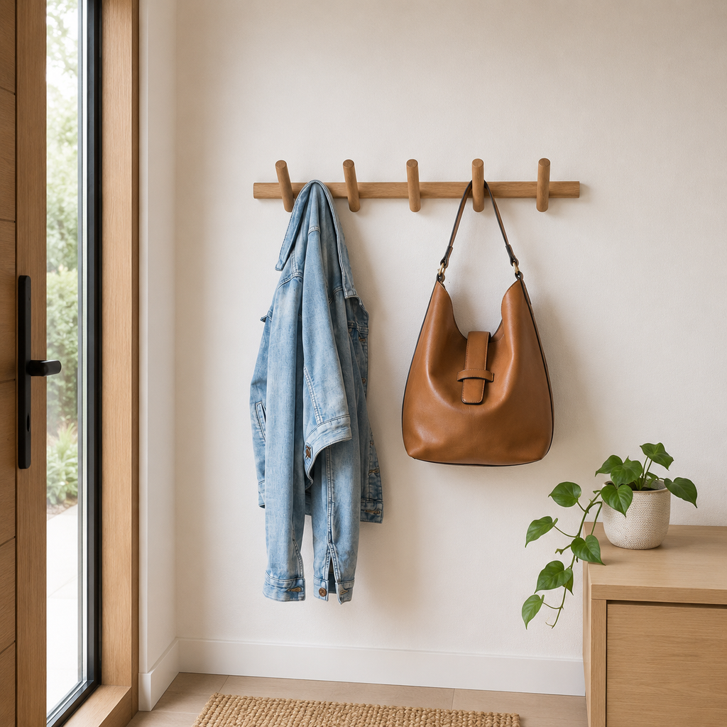 Light-brown wooden wall-mounted coat rack with multiple rounded pegs