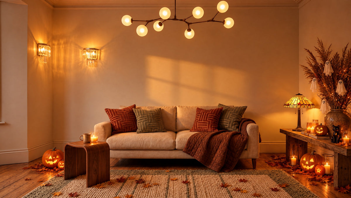 Living room with chandelier, wall lights and table lamp decorated for Halloween