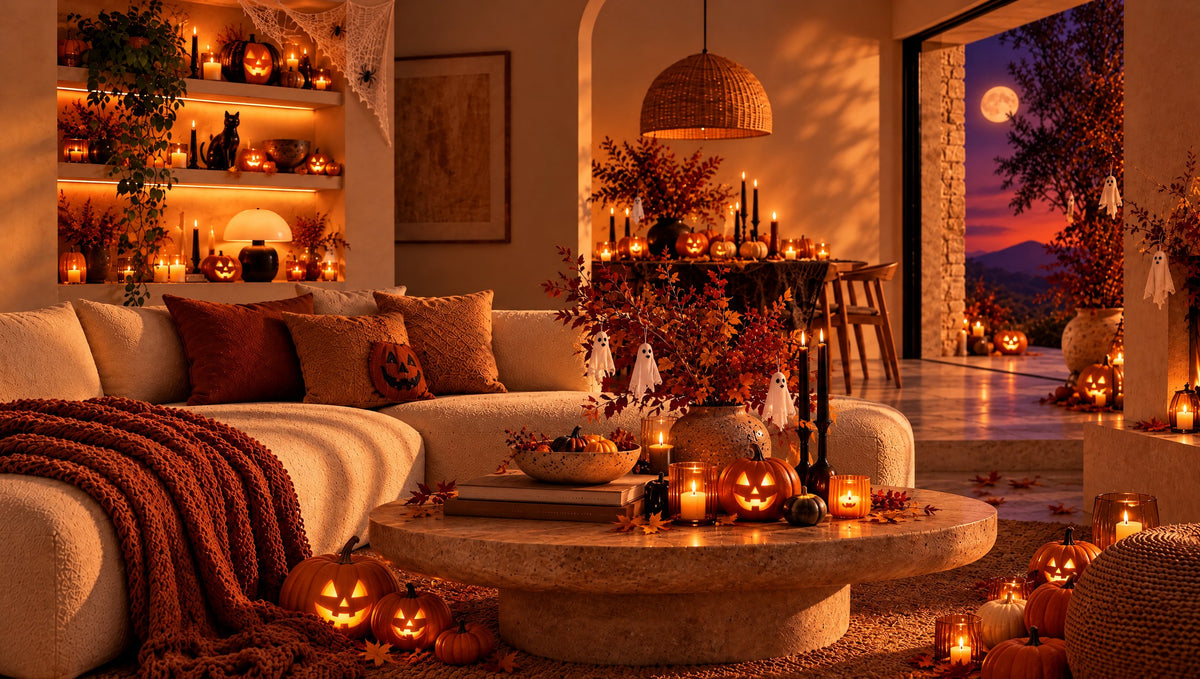 Living room decorated for Halloween with glowing jack-o-lanterns, candles and little ghosts