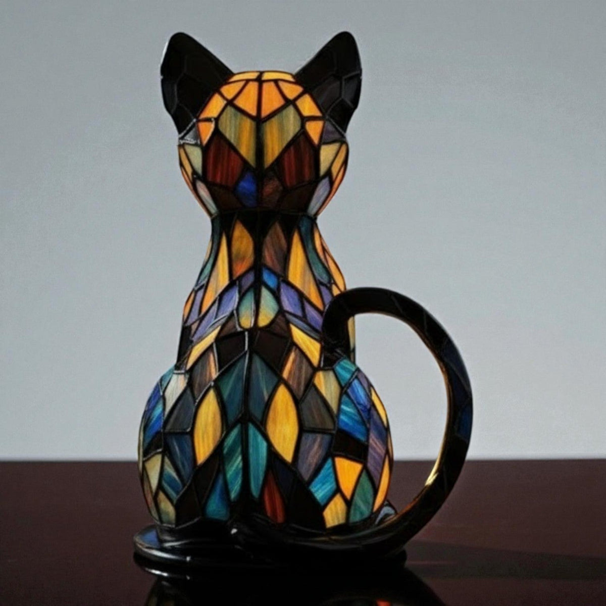 Illuminated cat table lamp with a stained glass style geometric mosaic design