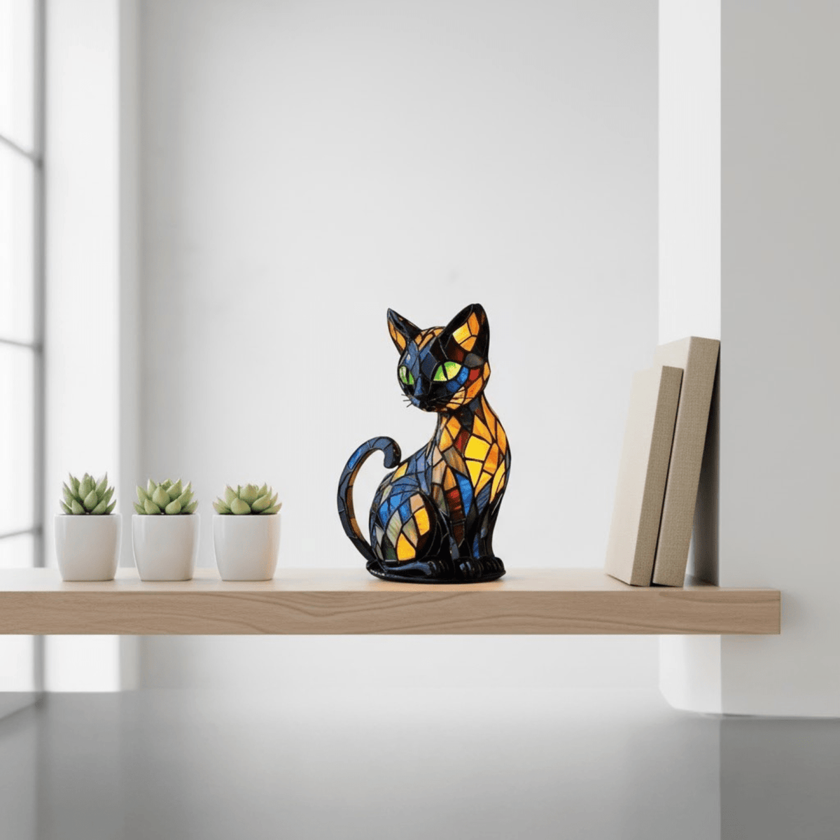 Illuminated cat table lamp with a stained glass style geometric mosaic design